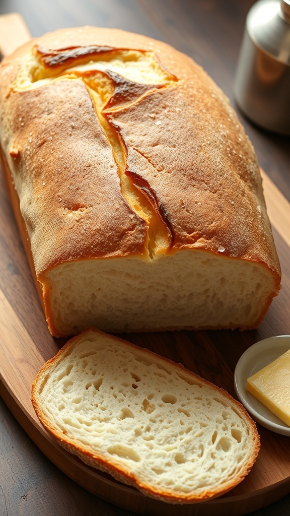 Simple Homemade Bread Recipe A golden brown homemade bread loaf on a cutting board with slices cut, butter on the side.